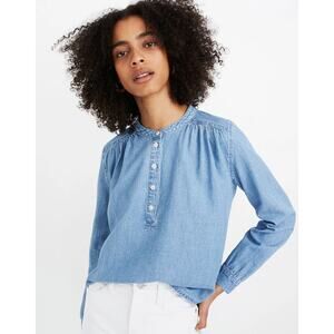 Madewell Denim Shirred Popover Top in Emmie Light Blue Wash Size Medium